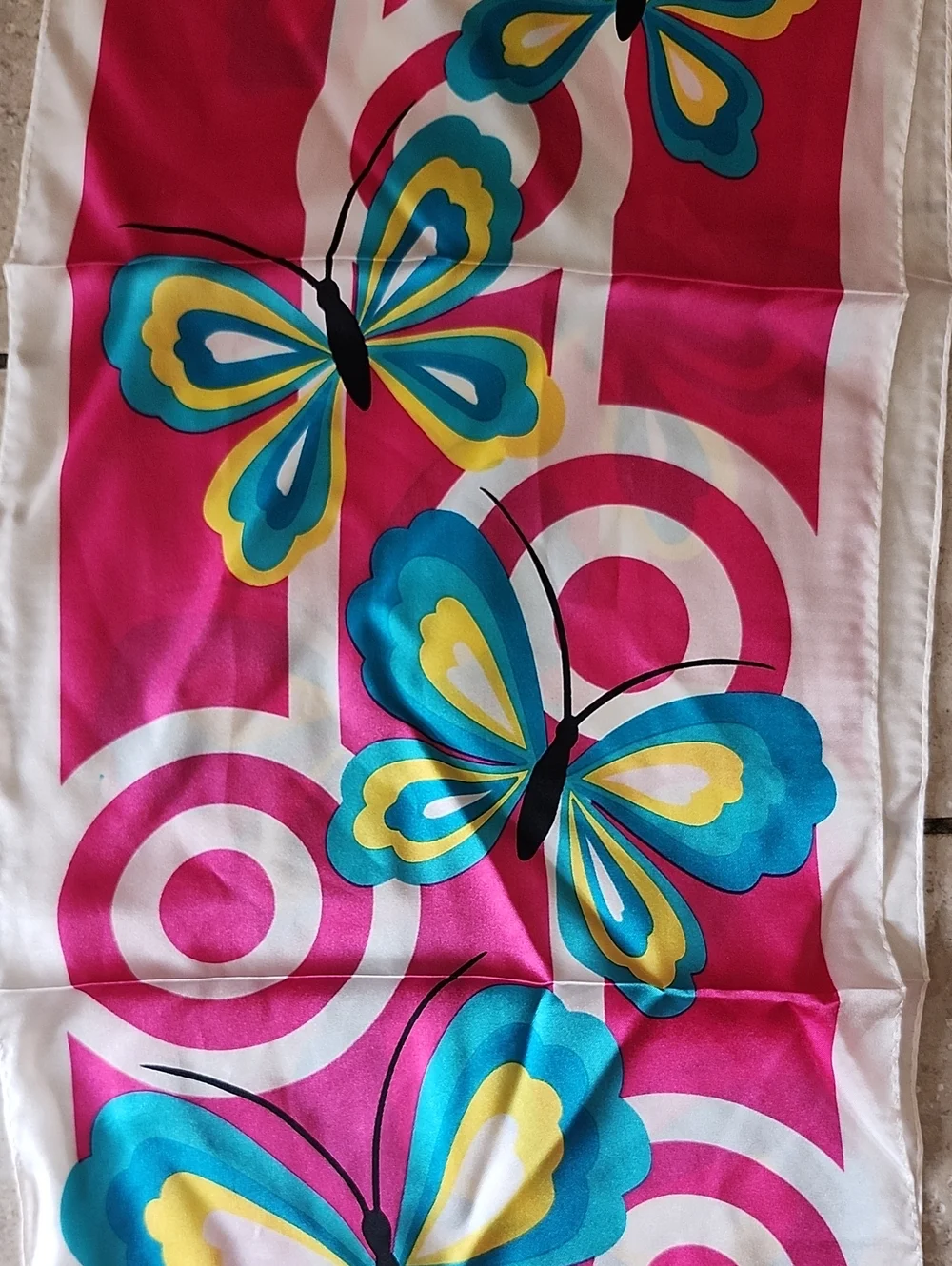 Adrienne Landau Pink Butterfly with Teal and Yellow Accents Silk Scarf